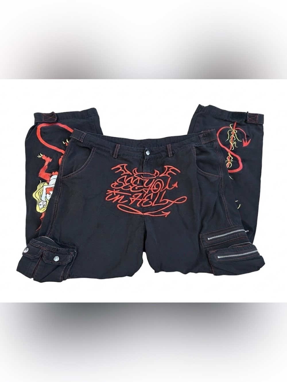 Minus Two Cargo Pants Black See You In Hell Devil‎ Embroidered Men's Size XL